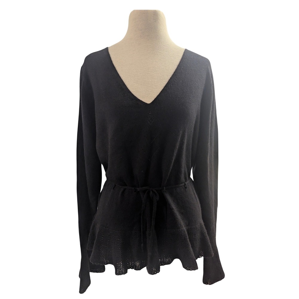 Max Studio Cashmere V-Neck Sweater Black XL Tie‎ Waist Ruffle Hem Bell Sleeve